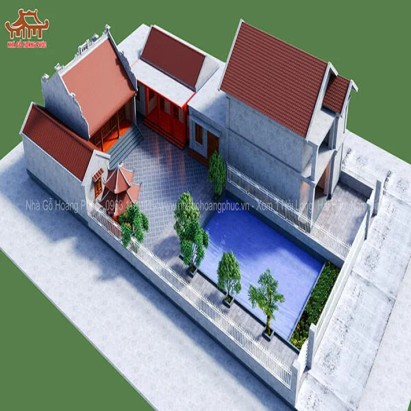 Chốt thiết kế 3D ngoại thất công trình nhà thờ 3 gian 18 cột gỗ lim xanh Nam Phi tại Nam Định